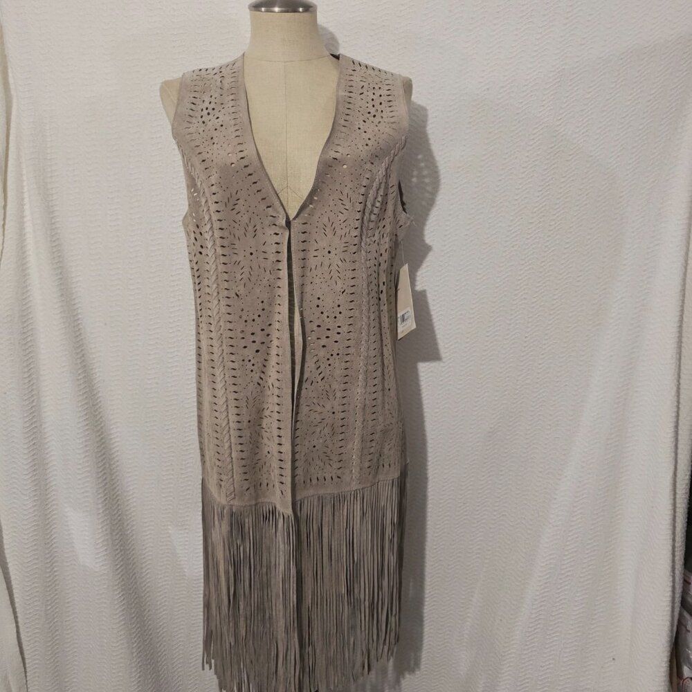 NWT Scully Light Beige Suede Lace LongCardigan Vest w/ Fringe L